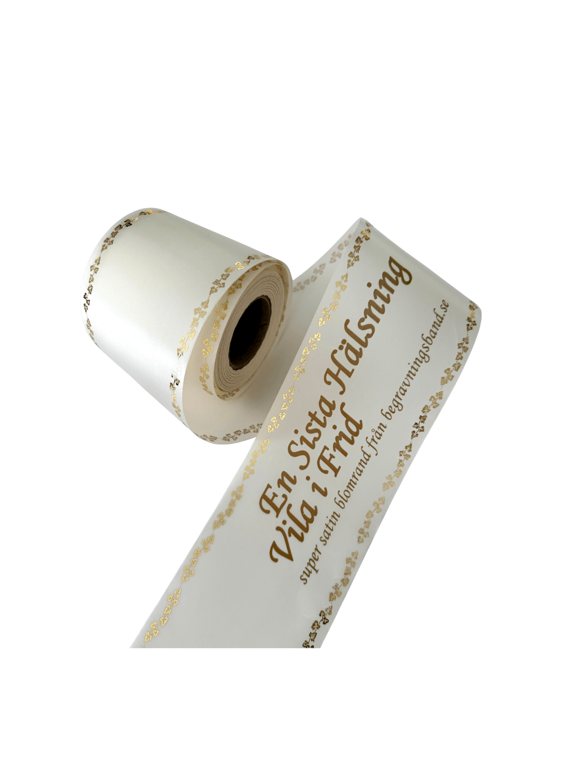 kransband med blomdekor och guldtext