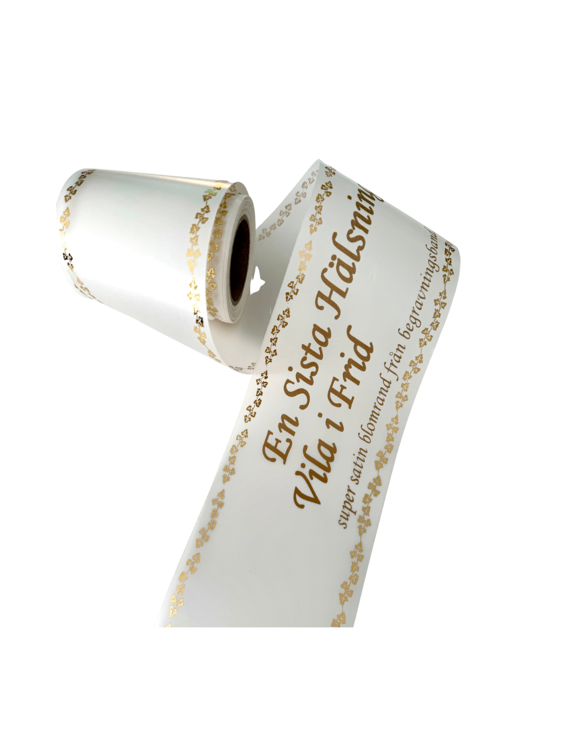 kransband med blomdekor och guldtext